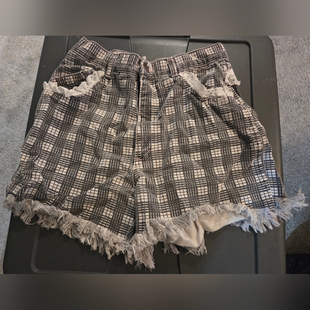 Power Grey & White Plaid Frayed Hem Shorts